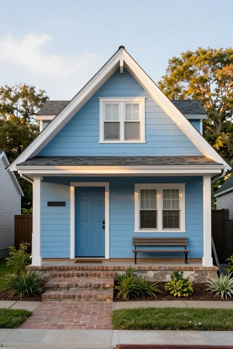 Blue Craftsman house exterior with gabled roof, covered front porch supported by white columns, wooden bench on porch, blue front door, white-framed windows, brick steps, and low plants at the base.
