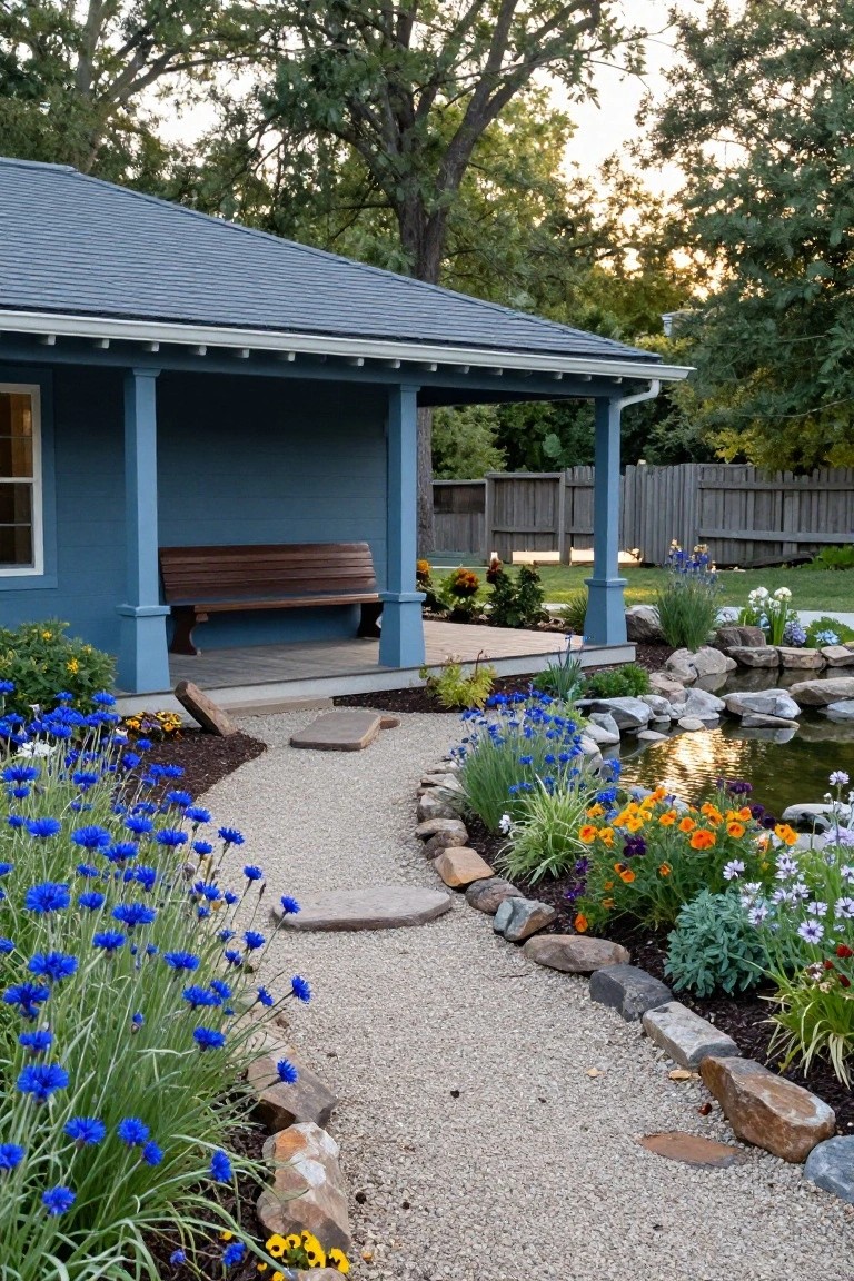 Blue Craftsman-style house with covered porch and wooden bench, next to a curving gravel path edged with rocks and blue flowers, adjacent to a small rock-lined pond.