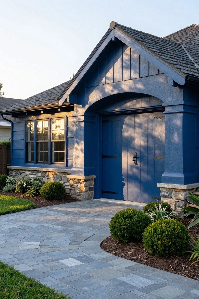 Navy blue Craftsman-style detached garage with wooden double doors, stone base piers, side windows, and a curved gray paver pathway edged by shrubs and grass.