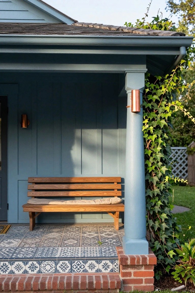 Blue clapboard house porch with wooden slat bench and beige cushion, ivy climbing a support post, copper lantern light on wall, and blue-white patterned tile floor with brick base steps.