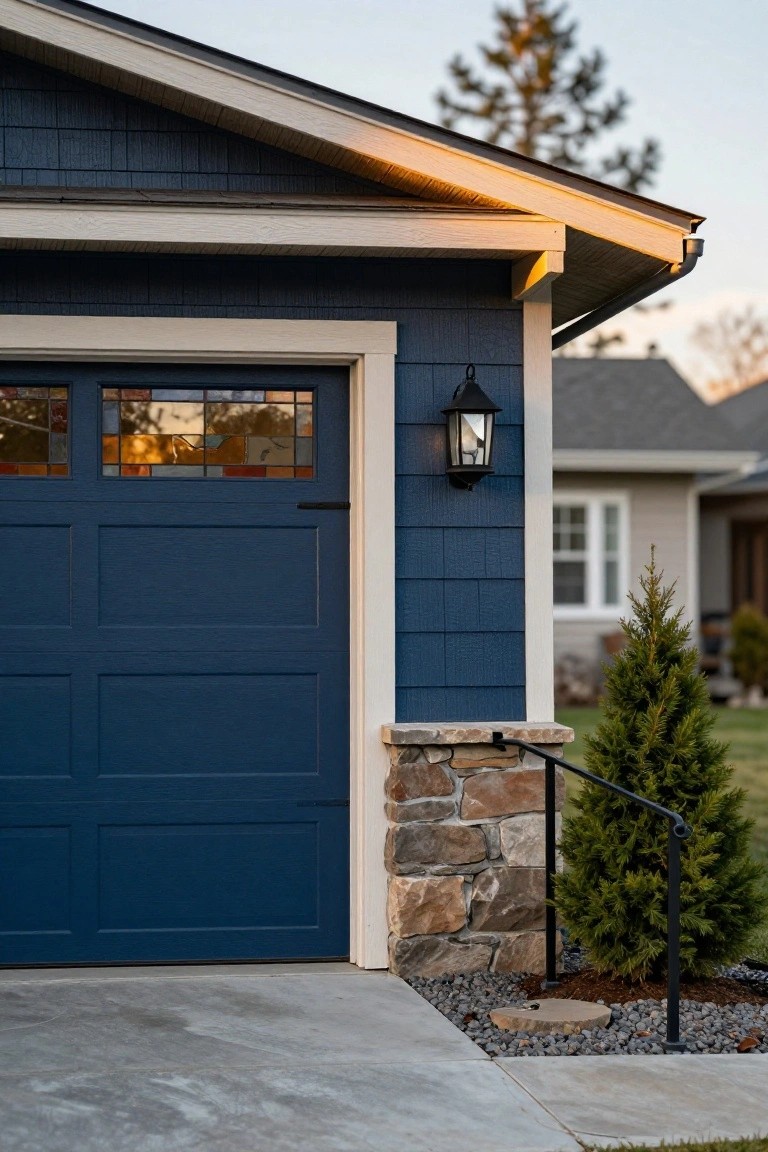 Navy blue Craftsman garage door with multicolored stained glass in upper panels, stone pillar with railing and small evergreen tree beside it, blue shingle siding on house exterior at dusk.