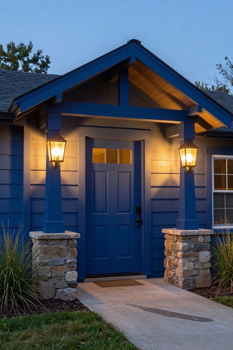 Blue Craftsman house exterior at dusk with gabled porch supported by stone pillars, lit lanterns flanking a navy blue door, and potted plants nearby.