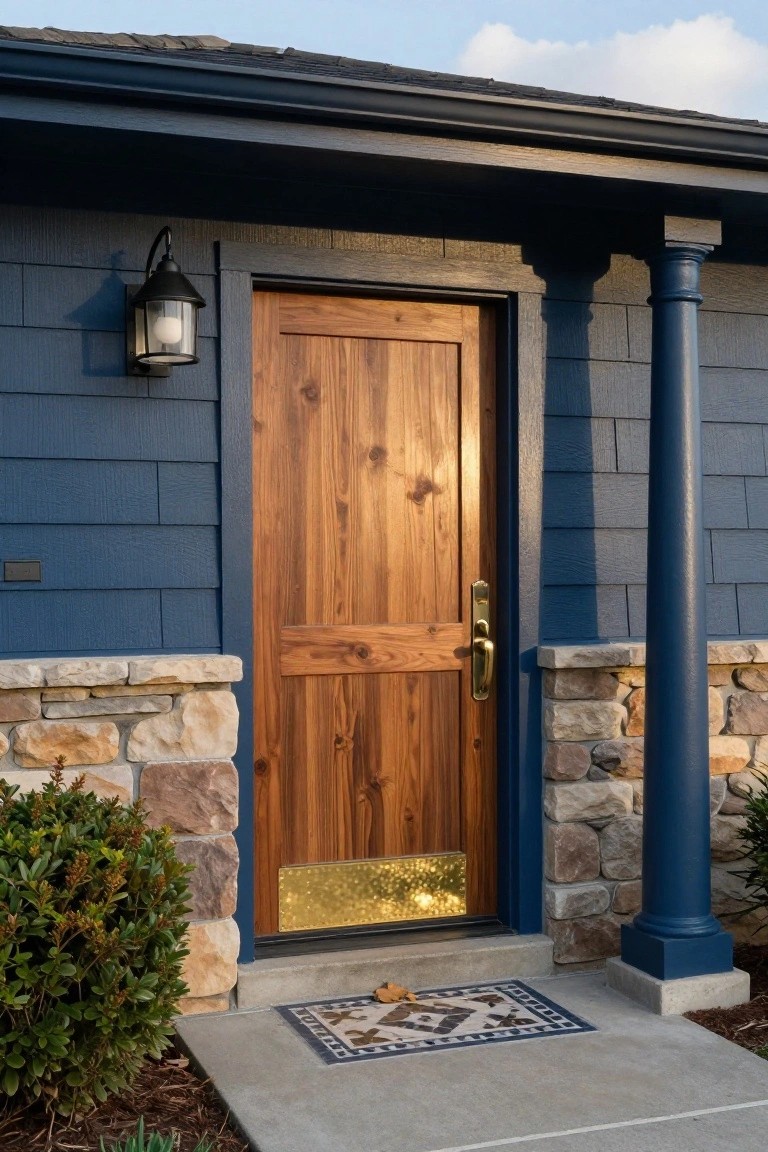 Navy blue Craftsman house exterior with wooden front door, brass hardware and kickplate, stone foundation, blue column, wall lantern, shrubs, and patterned welcome mat on concrete stoop.