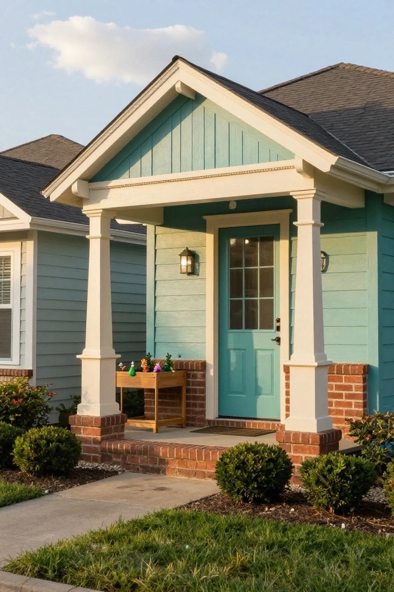 Turquoise Craftsman-style house exterior featuring a covered front porch with white tapered columns, flanked by wall lanterns, a turquoise front door with glass panels, wooden planter box on brick base, and surrounding shrubs and grass lawn.
