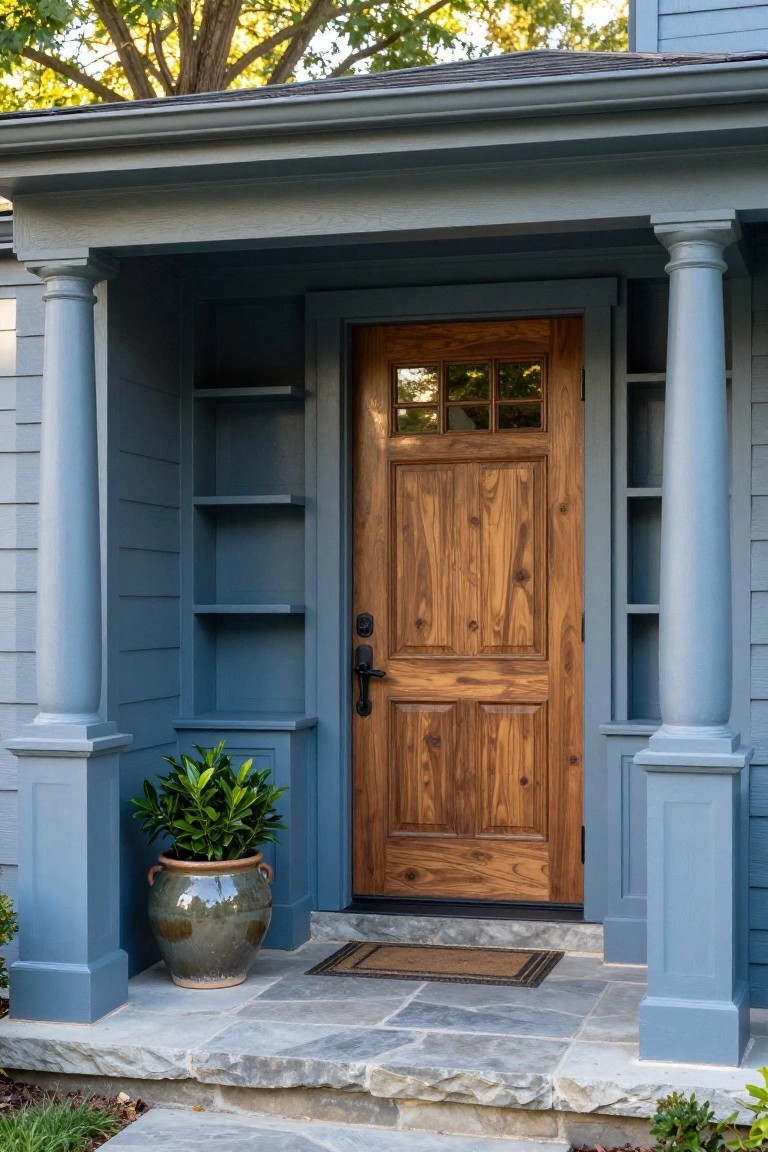 Blue Craftsman-style front porch with wooden paneled door featuring glass window, flanked by columns and built-in shelves, potted plant on steps, and stone flooring.