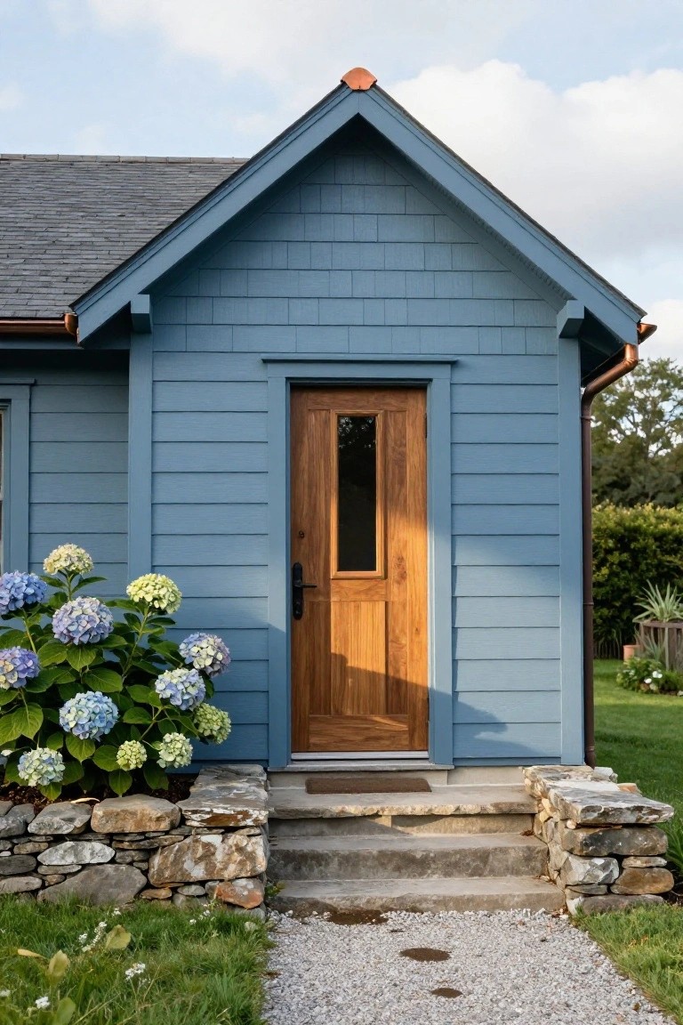 Blue shingle-sided gabled house exterior with wooden door featuring glass panel, large hydrangea bushes to the left, stone retaining wall and concrete steps leading to the entry, gravel path, and surrounding greenery under partly cloudy sky.