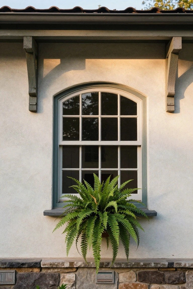 Beige stucco exterior wall of a house with a green-painted arched window, wooden brackets above, a Boston fern plant in a windowsill box, dark gray trim, and a stone base.