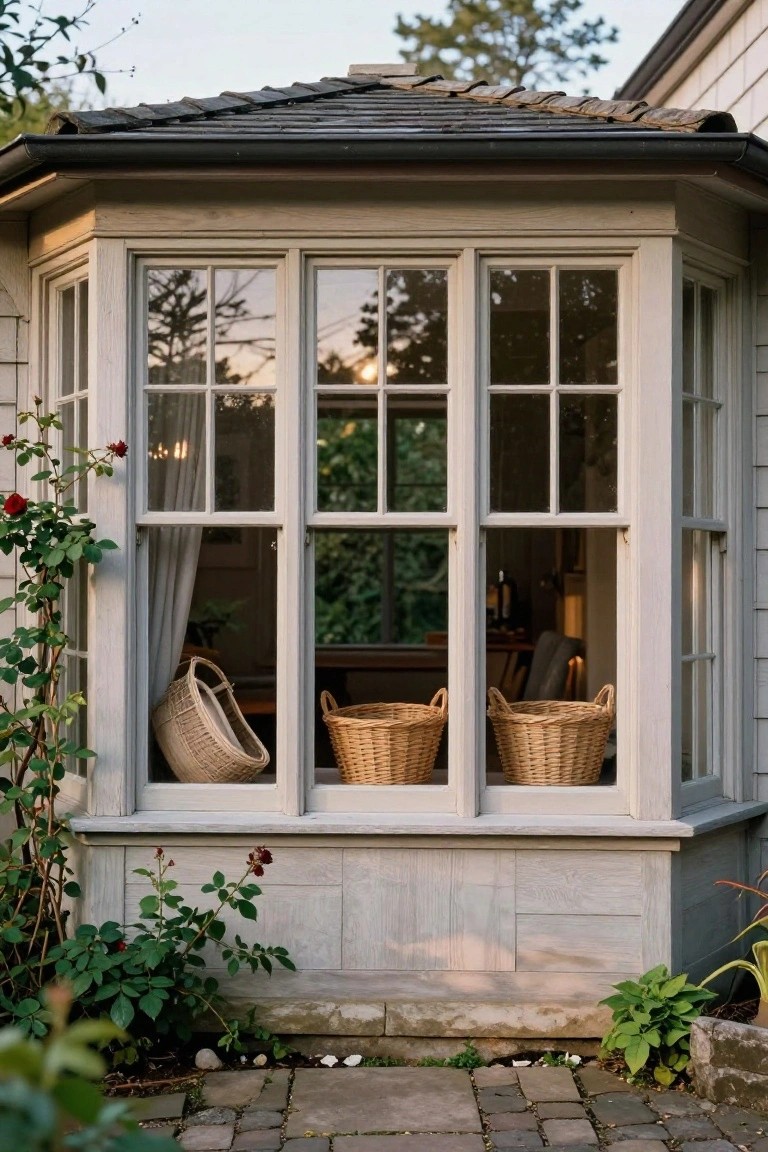 Exterior of a white wood-framed bay window with multiple divided panes, three wicker baskets on the interior sill, climbing roses on the left frame, plants below, and stone pavers in front.