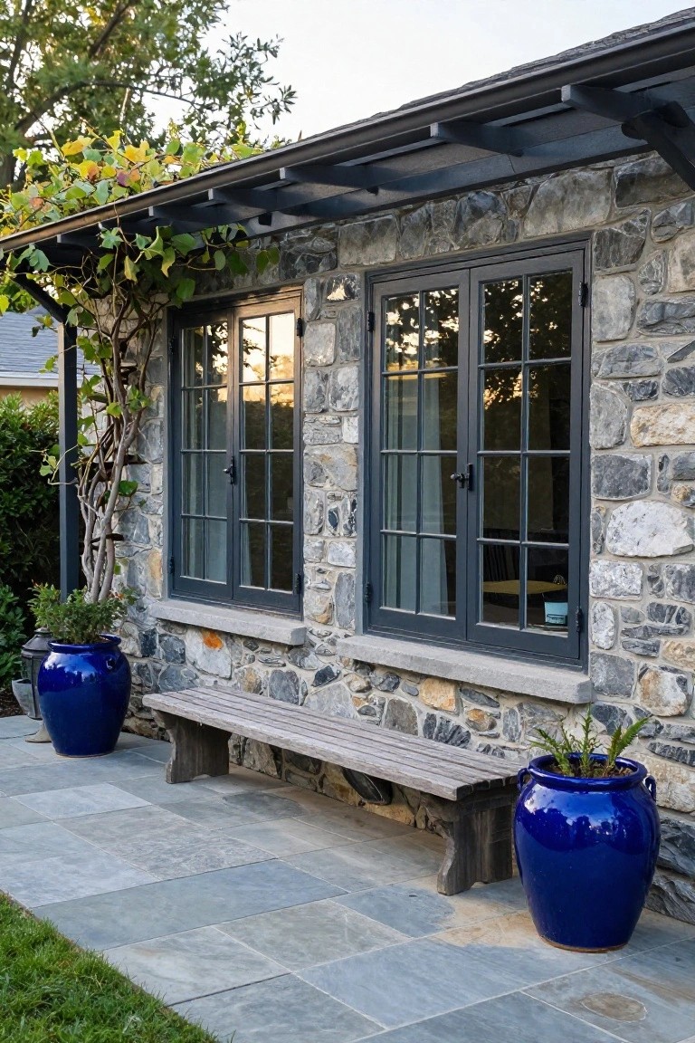 Stone exterior wall with black-framed divided-light windows under a wooden pergola overhang, wooden bench, blue ceramic pots with plants, climbing vines, and slate tile patio adjacent to grass.