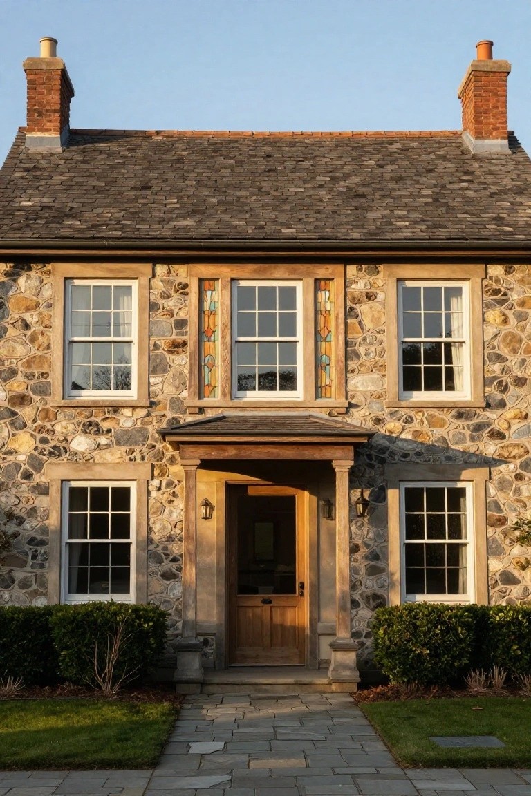 Stone cottage exterior with slate roof, central stained glass window flanked by multi-pane sash windows, wooden front door under a small porch, boxwood shrubs, and slate path leading to the entry.