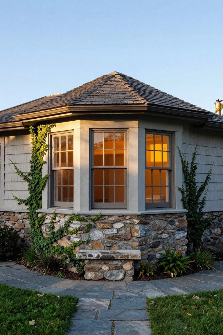 Octagonal bay window protruding from a shingle-sided house corner with multi-pane windows, ivy on stone base, wooden bench, slate path, and grass lawn.