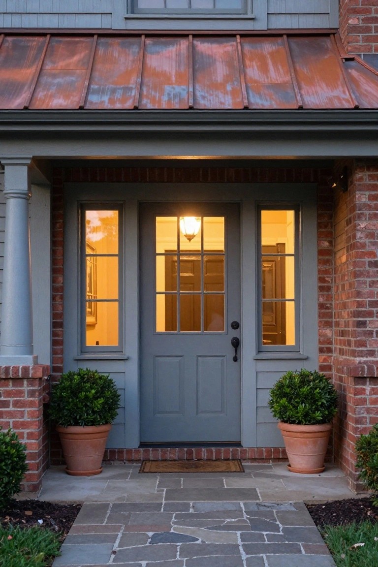 Gray wood front door with nine-lite glass panels flanked by tall sidelight windows on a brick Craftsman house exterior, copper roof porch, potted boxwood shrubs, and stone pathway.