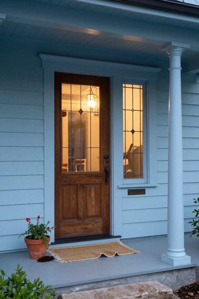 Light blue clapboard house exterior with dark wood front door featuring divided glass upper panels, tall leaded glass sidelight window with diamond patterns, hanging lantern light, potted red geraniums, seagrass doormat, and shrubs on concrete porch steps.