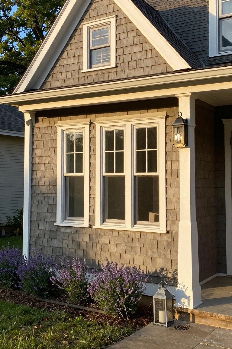 Front exterior of a Craftsman-style house with gray shingle siding, white-framed divided-light windows flanking a porch with columns and lanterns, lavender bushes in the bed, and stone steps at the entry.