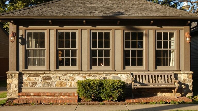 Side exterior view of a house with four tall wooden-framed divided-light windows in a row set into a beige stone wall under a dark shingled roof, flanked by lanterns, boxwood shrubs, a wooden bench, and a brick path.