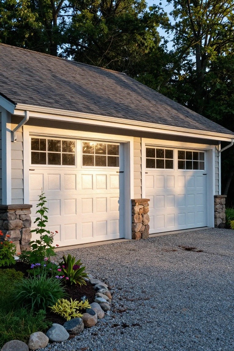 Two-car white paneled garage doors with multi-pane windows, flanked by stone pillars, a gravel driveway, and curved flower beds edged in rocks.