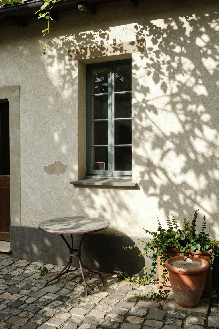 Beige stucco house wall with green-framed double window, open wooden door, round metal bistro table, terracotta pot of ivy, vine shadows, and cobblestone patio ground in sunlight.