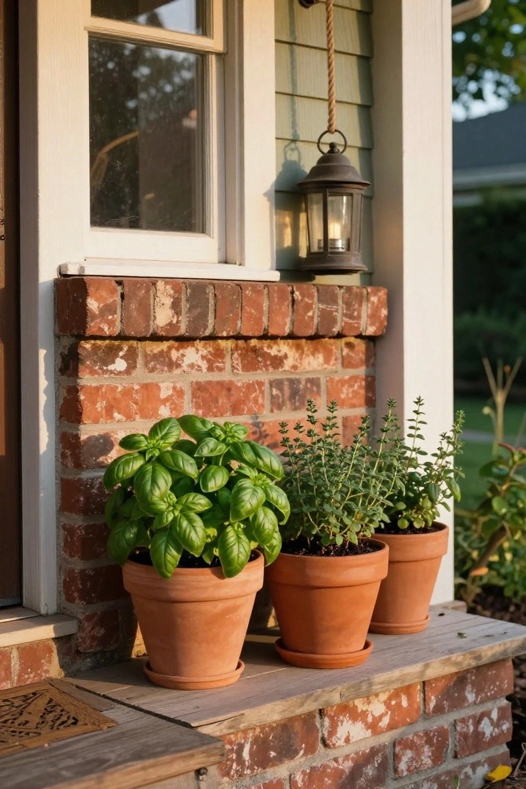 White-framed divided-light window on shingle siding house with red brick base and ledge holding three terracotta pots of basil and thyme, brass lantern mounted above ledge, wooden welcome mat on porch step
