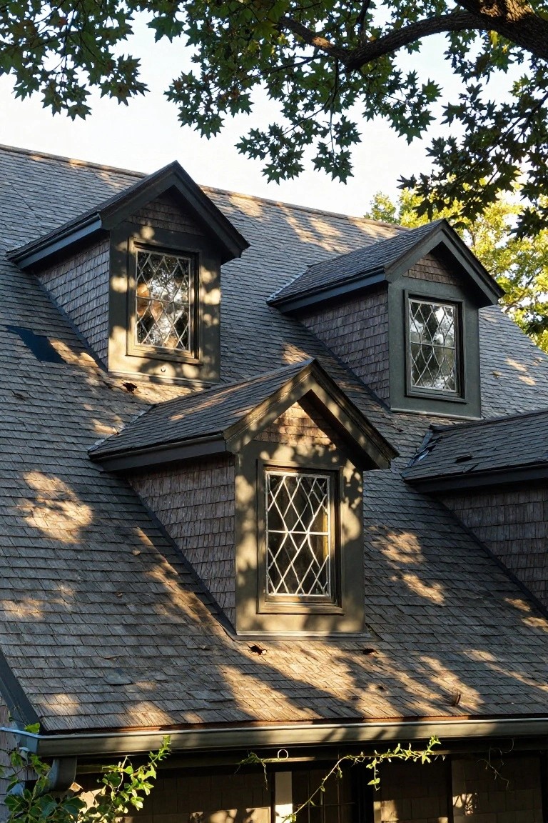 Close-up of a shingled house roof with three dormer windows featuring diamond-pattern leaded glass in dark green frames, tree branches overhanging above.