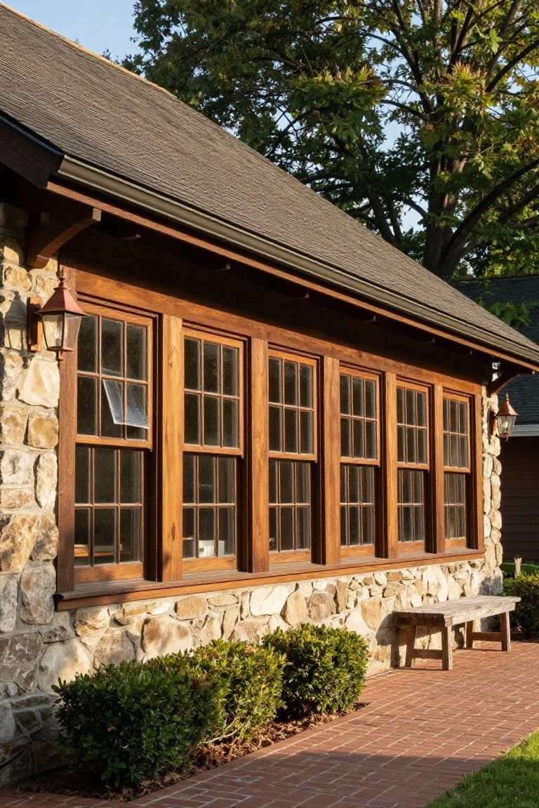 Side exterior view of a house with four tall wooden-framed divided-light windows in a row set into a beige stone wall under a dark shingled roof, flanked by lanterns, boxwood shrubs, a wooden bench, and a brick path.