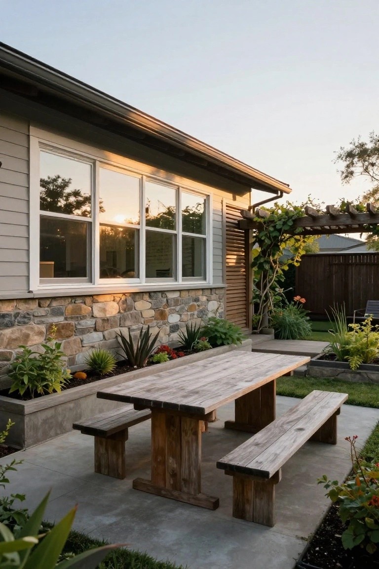 Side view of a gray Craftsman house with large multi-pane windows, stone base, plants in raised beds, wooden pergola, and a rustic wooden picnic table with benches on a concrete patio surrounded by landscaping.