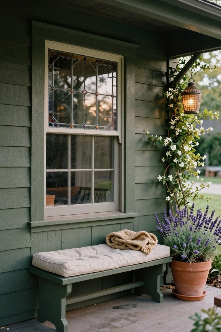 Green Craftsman-style house exterior corner with stained glass window, wooden bench topped with cushion and tan blanket, potted lavender plant, climbing white flowers, hanging lantern, and visible interior chair through window.