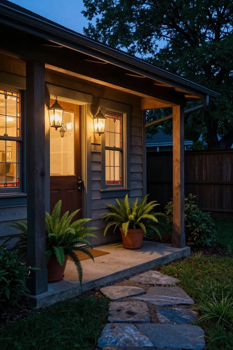 Craftsman style house exterior at dusk showing wooden front door flanked by stained glass windows, lit hanging lanterns on porch posts, potted ferns, and a stone pathway leading to the porch.