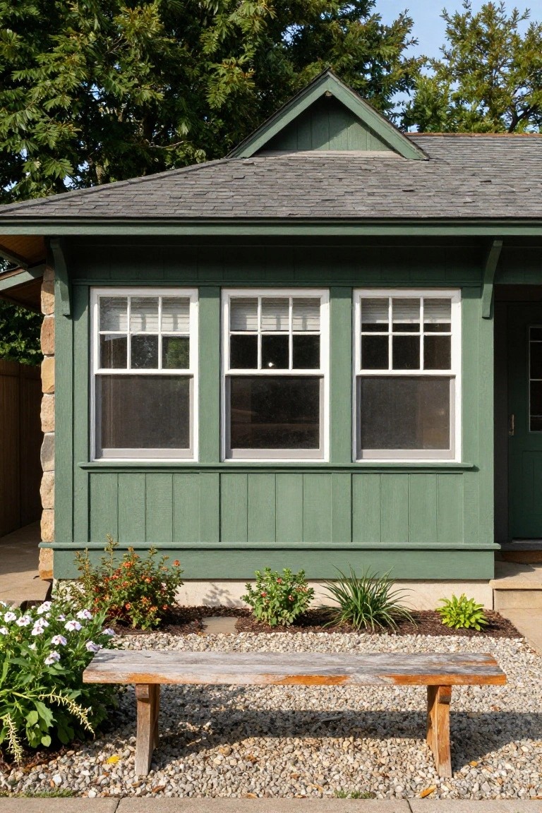 Green Craftsman-style house exterior with three grouped white-framed windows featuring divided lights, stone base, plants, gravel bed, and wooden bench in front.