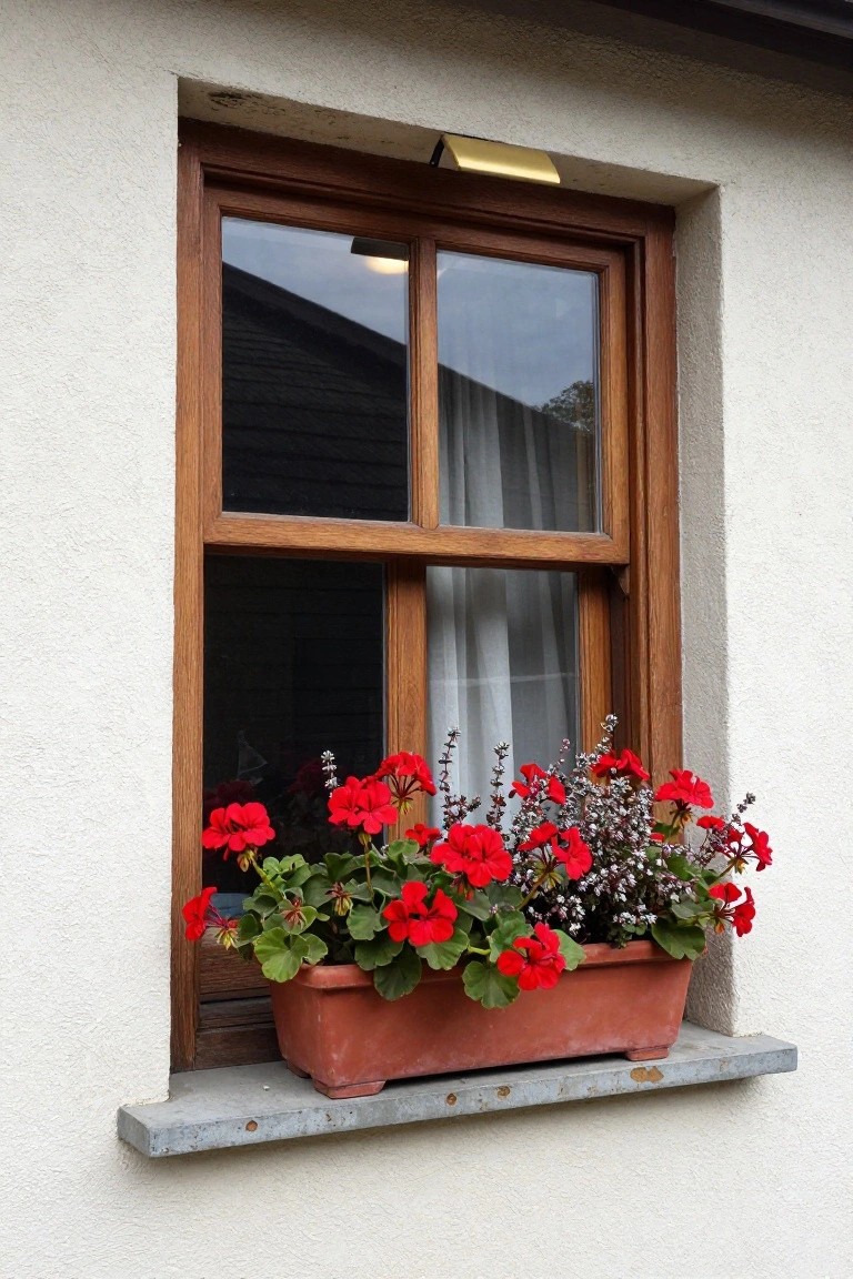 Wooden-framed window on white stucco wall with sheer curtains inside, brass wall light above, and red terracotta flower box on metal sill filled with red geraniums and grayish foliage.