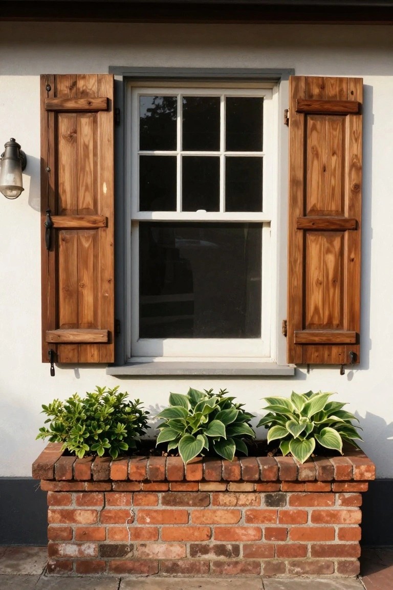 Open wooden shutter beside a six-over-six window on a white stucco house wall, with a metal lantern light mounted above and hosta plants in a brick planter below.