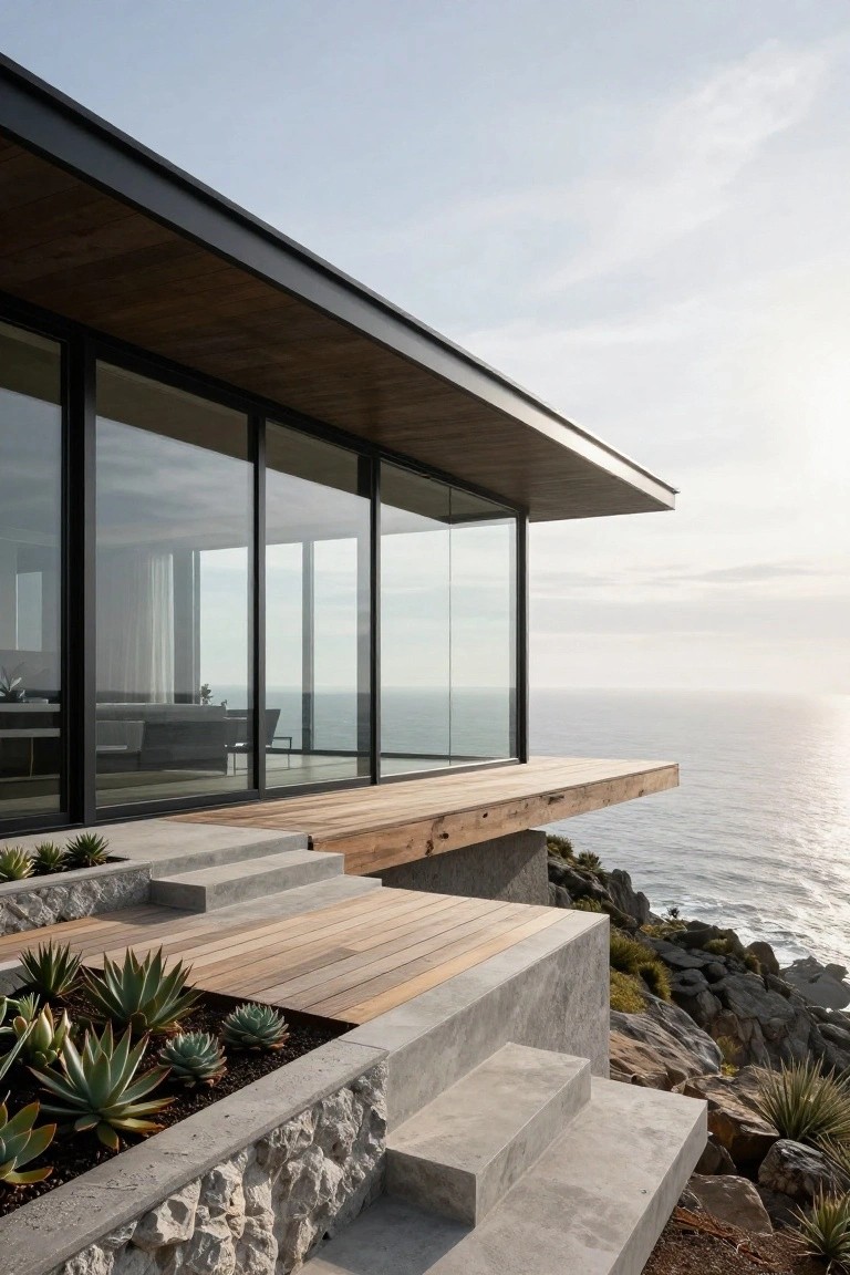 Modern cliffside house exterior featuring large floor-to-ceiling glass walls with slim black metal frames, a cantilevered wooden deck overhanging the ocean, concrete steps, and agave plants in rock retaining walls.