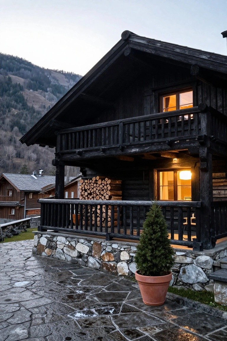 Black wooden chalet house with steep roof, balcony, large lit windows, firewood stack, stone base, potted fir tree, stone path, and mountain backdrop at dusk.