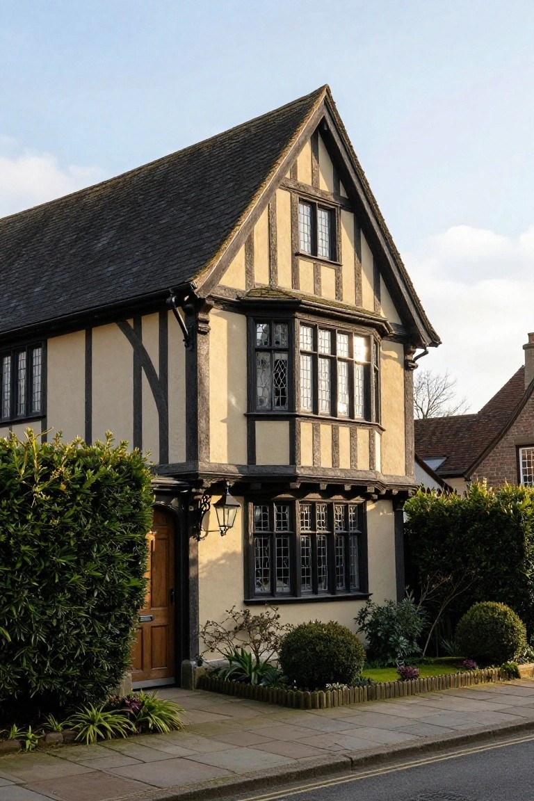 Two-story house with dark timber framing on beige plaster walls, bay windows, wooden front door, clipped green hedges, and low garden plantings along a paved sidewalk.