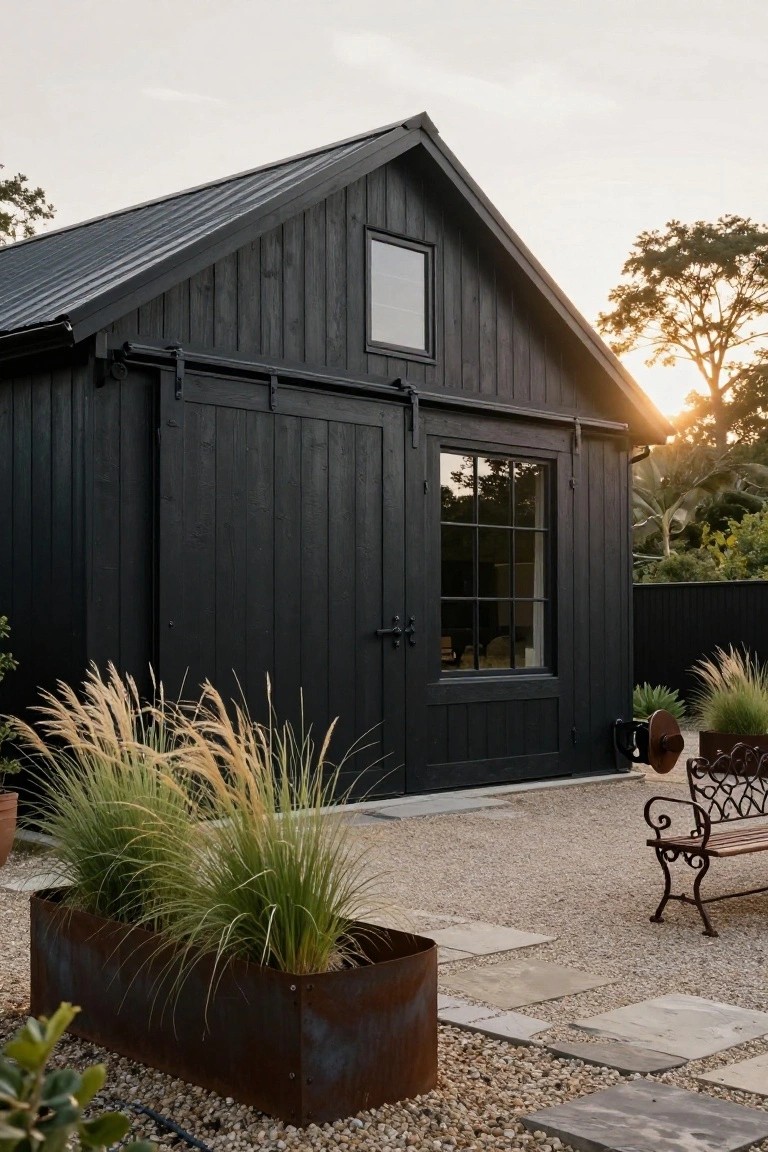Black wooden gable-roof shed with sliding barn doors, grid window, and dark siding, set on gravel patio with metal planters of tall grasses, iron bench, stone pavers, and garden plants at sunset.