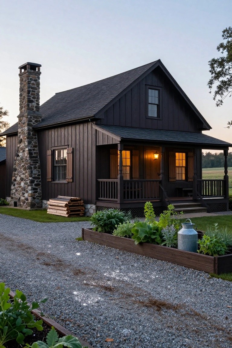 Small one-story cabin with dark board-and-batten siding, stone chimney, covered front porch, wooden steps, raised garden beds with plants and milk can, stack of firewood, and gravel driveway surrounded by grass and trees at dusk.