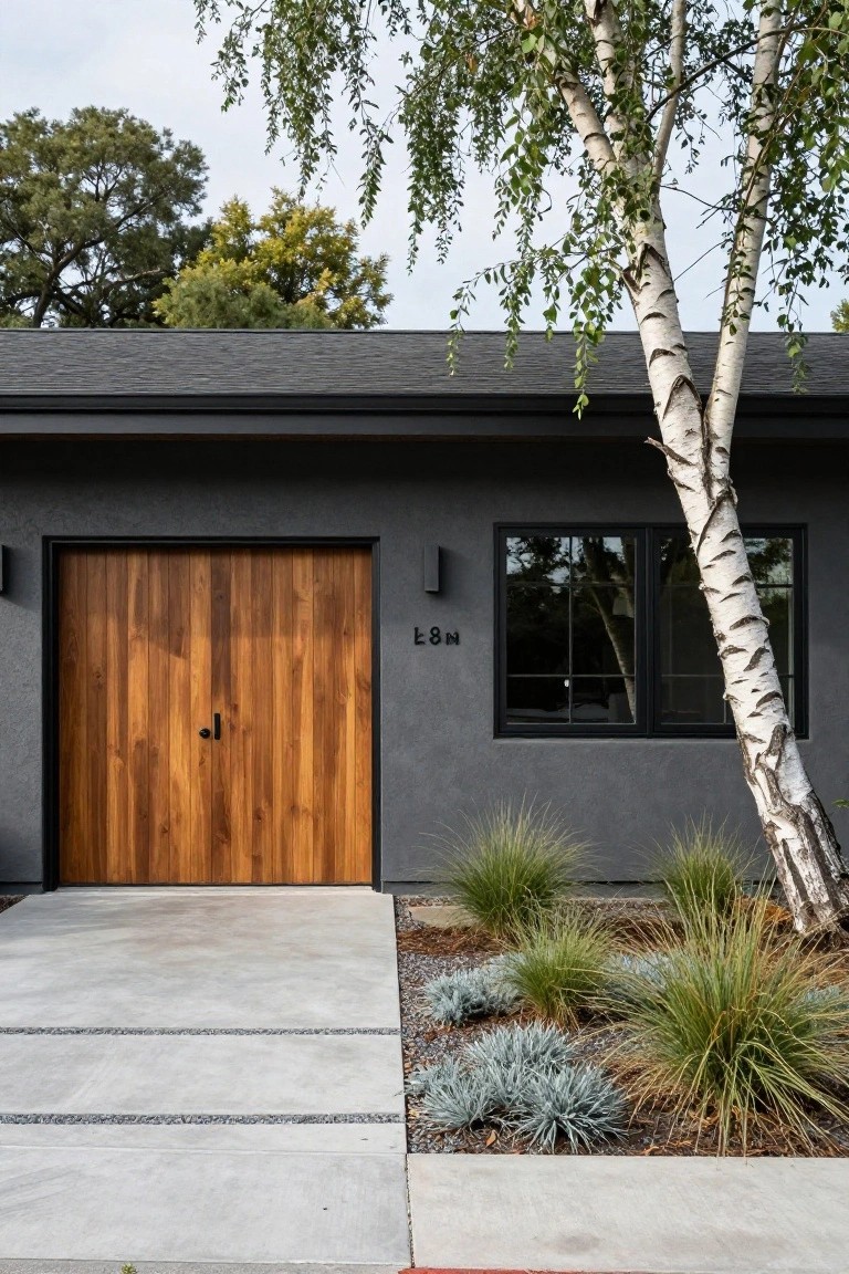 Front view of a modern house with dark gray siding, double wooden garage door, black-framed window, house number L8M on the wall, concrete driveway with gravel strips, drought-tolerant grasses and shrubs, and a tall birch tree next to the facade.