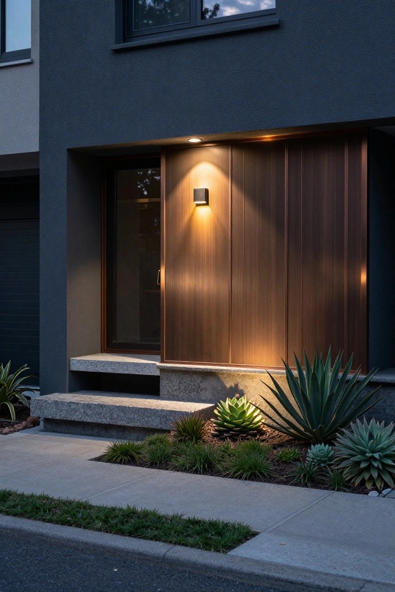 Modern house exterior featuring dark gray siding, a tall wooden entry door with vertical slats illuminated by wall-mounted uplights, closed garage door, stone steps, and low succulent plants along the front at dusk.