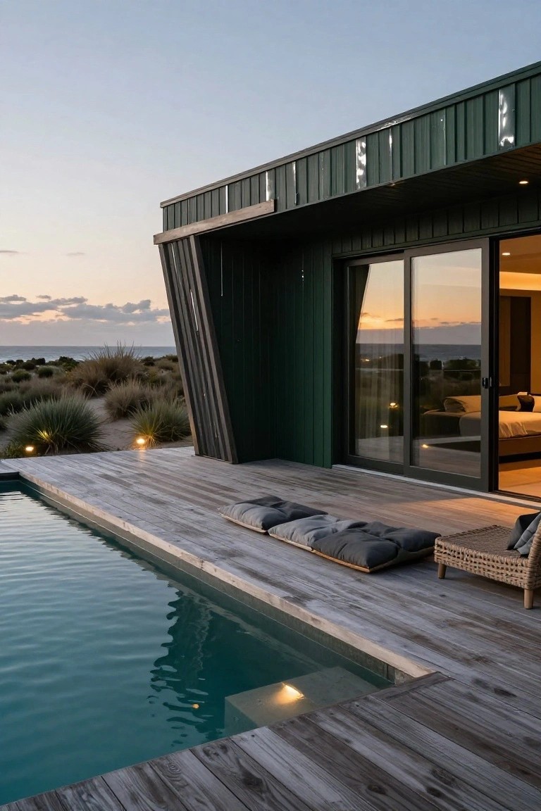 Angular modern house clad in dark green vertical siding with large sliding glass doors to a bedroom, adjacent wooden deck with cushions and chair next to a rectangular pool, overlooking coastal dunes and ocean at dusk.