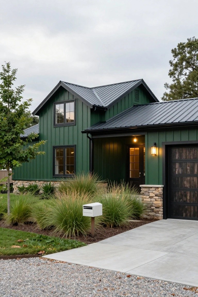 A modern farmhouse-style house with dark green vertical board-and-batten siding, black metal roof, black-framed windows and doors, stone base, dark wood garage door, white mailbox, ornamental grasses, trees, concrete driveway pad, and gravel area.