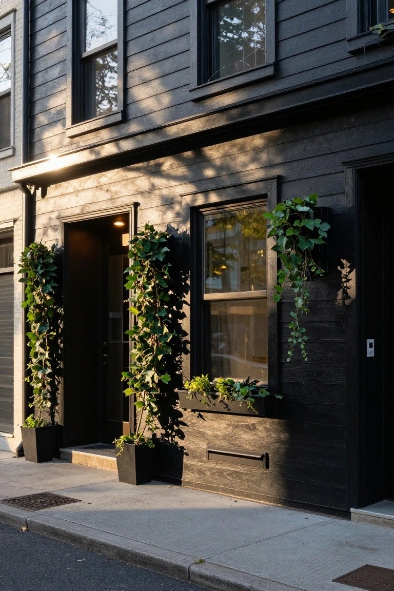 Close-up view of a two-story house with black wood plank siding, ivy vines climbing pillars beside the front door, potted plants on the stoop, and large windows with greenery accents.