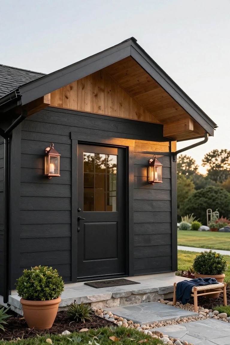Small gabled structure with black vertical siding, exposed light wood rafters under the roof overhang, black front door flanked by copper lanterns, potted boxwoods, a bench, and stone entry path with gravel and plants.