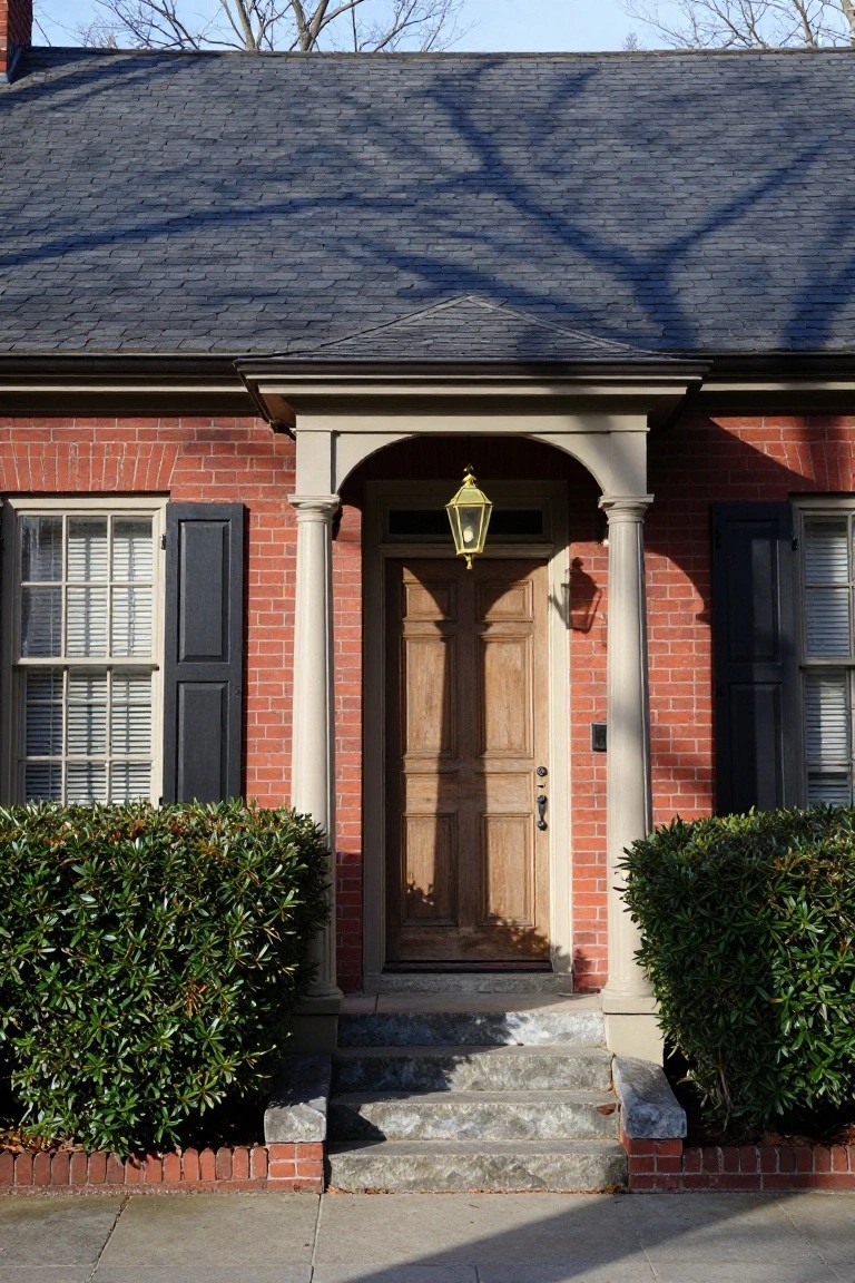Front exterior of a brick house with dark slate shingle roof, arched porch entry, wooden door, black shutters on windows, yellow lantern light, and low green shrubs on either side of stone steps.