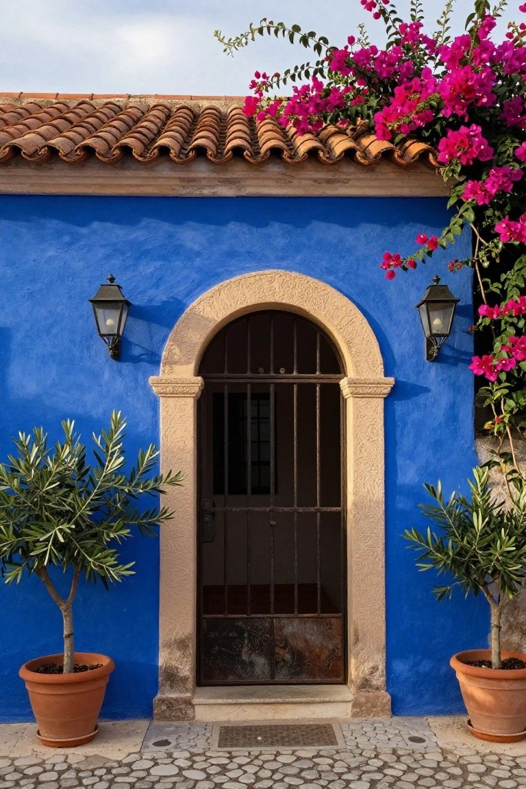 Blue stucco house exterior with terracotta tile roof, arched doorway with black iron gate, two potted olive trees flanking the entry, pink bougainvillea vines, and black lanterns on either side.