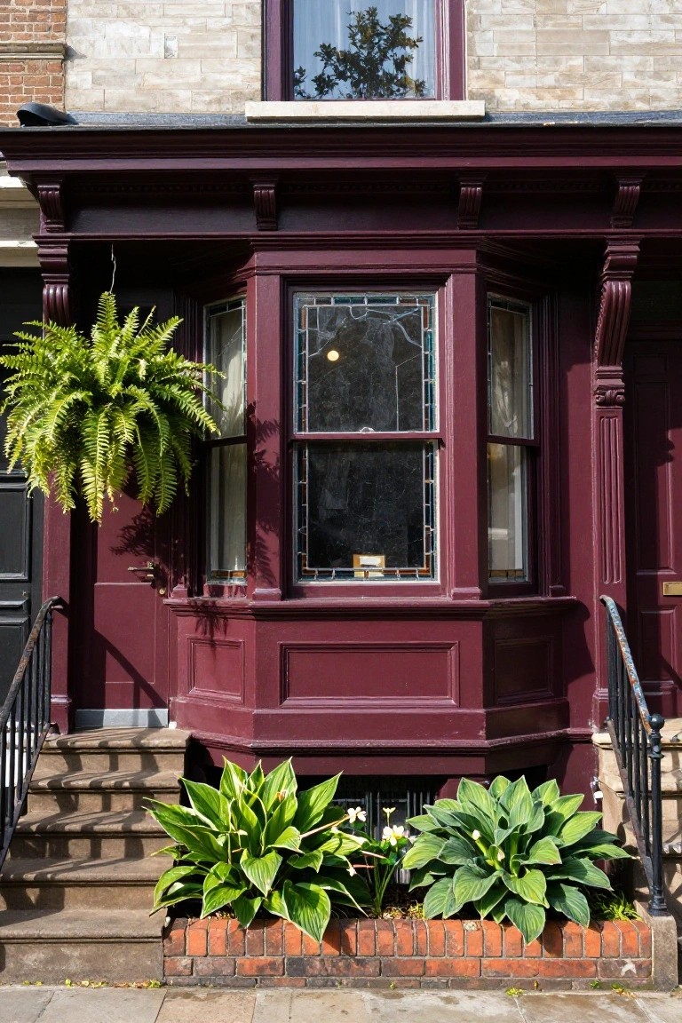 Maroon-painted wood trim on a brick house exterior with a bay window containing stained glass, hanging fern plant, hosta plants in a brick planter box at the base of steps, and black front door with iron railing.