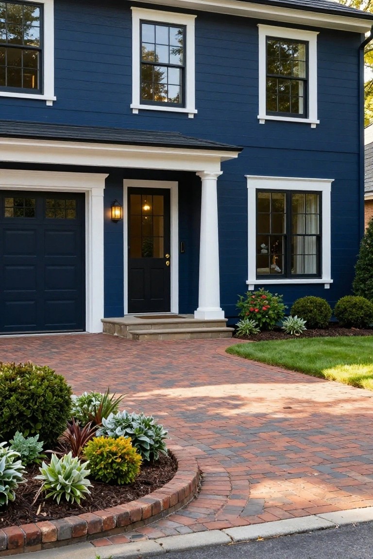 Front exterior of a two-story navy blue house with white trim, black front door and garage doors, columned porch entry, brick paver driveway curving to the house, and landscaped planting beds with shrubs along the front.