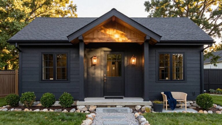 Small gabled structure with black vertical siding, exposed light wood rafters under the roof overhang, black front door flanked by copper lanterns, potted boxwoods, a bench, and stone entry path with gravel and plants.