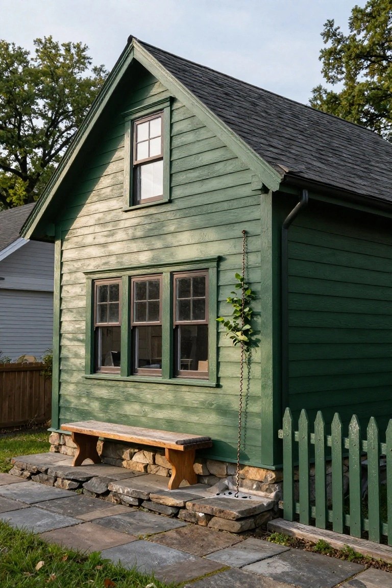 Green clapboard house with gabled roof, black shingles, multiple windows, wooden bench on stone path, picket fence, and ivy vine on the side.