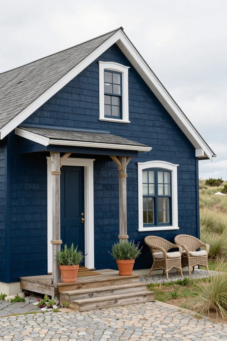 Dark navy blue shingled cottage house with white trim, covered front porch on wooden posts, two wicker chairs, potted plants in terracotta pots, cobblestone path, and surrounding dune grass.