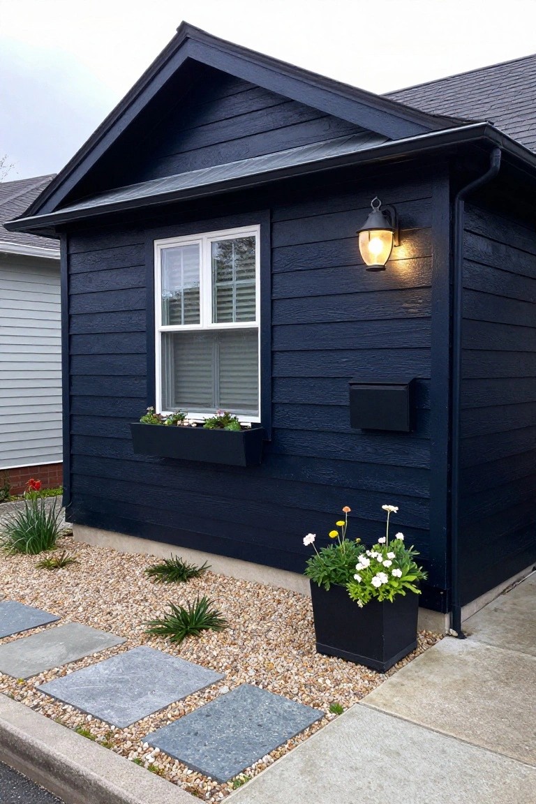 Small gabled house with dark navy blue horizontal siding, white-framed double window with partially open blinds and black window box planter, wall-mounted lantern light, black mailbox, gravel landscaping with grasses and potted white flowers, and gray stone pavers.
