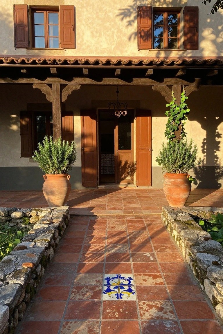 Beige stucco house facade with dark wood double doors under a covered porch, flanked by large terracotta pots of rosemary, terracotta tile path with a blue decorative tile, and stone border walls.